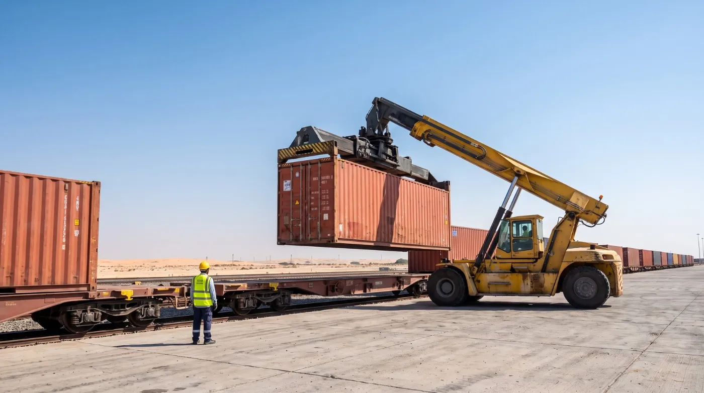 Reach stacker loading a container onto a rail wagon at an inland terminal (illustrative)