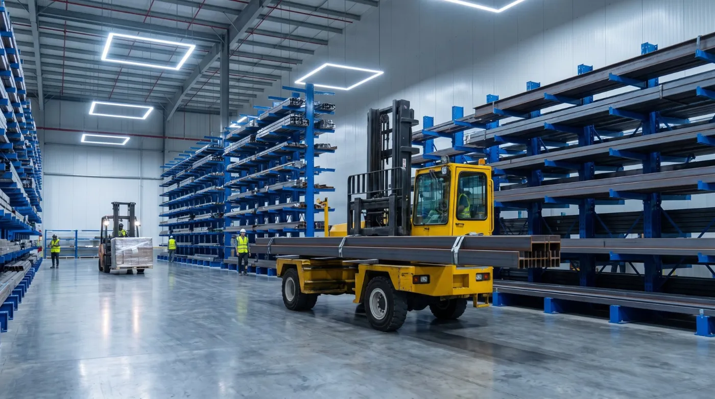 Side loader carrying long steel profiles between cantilever racks (illustrative)