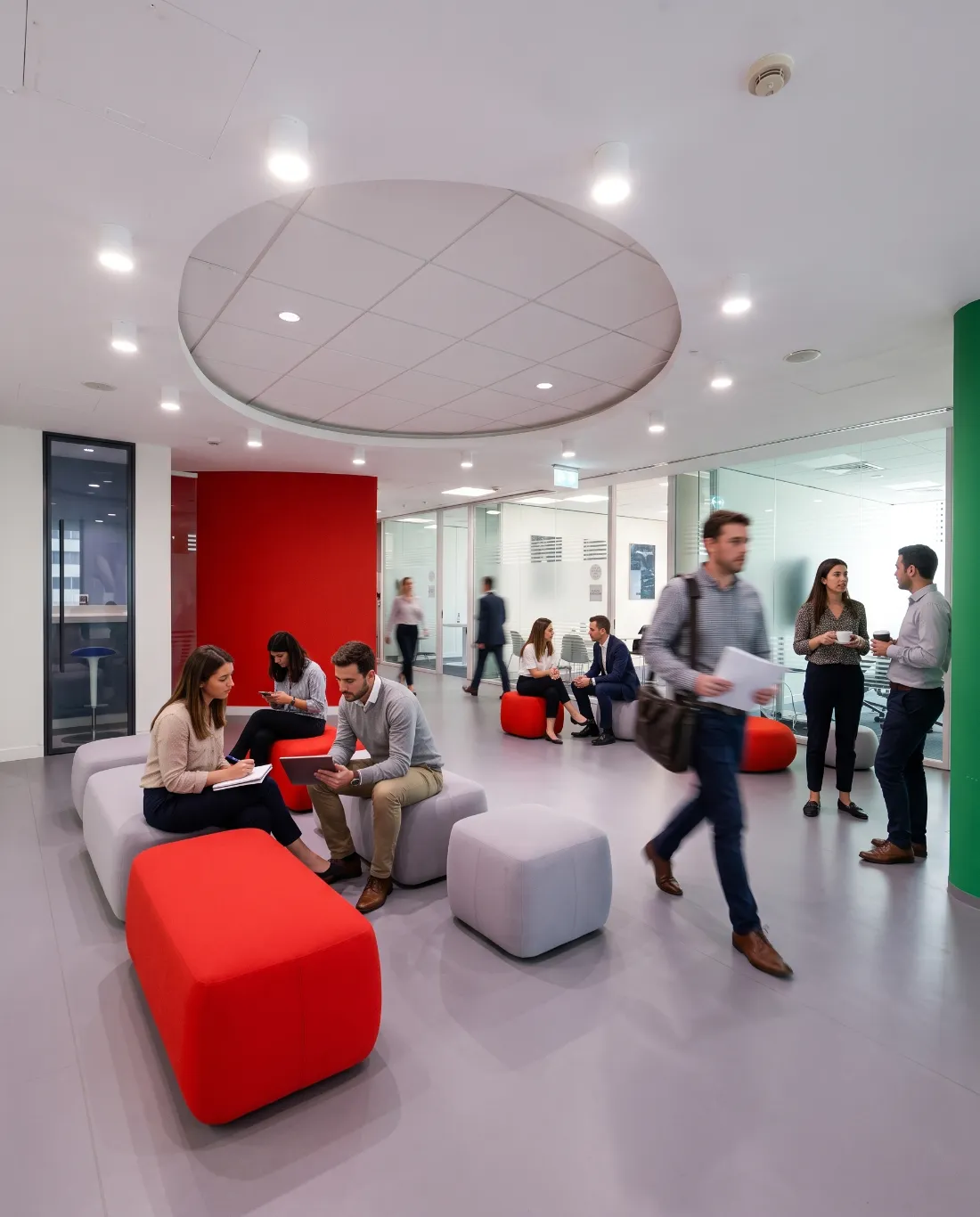People working in a bright open-plan office