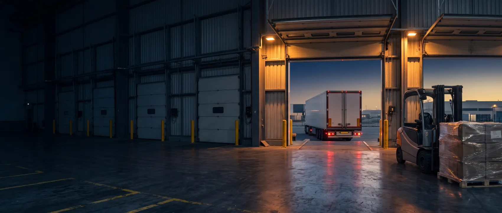 Warehouse gate with truck and forklift at dusk