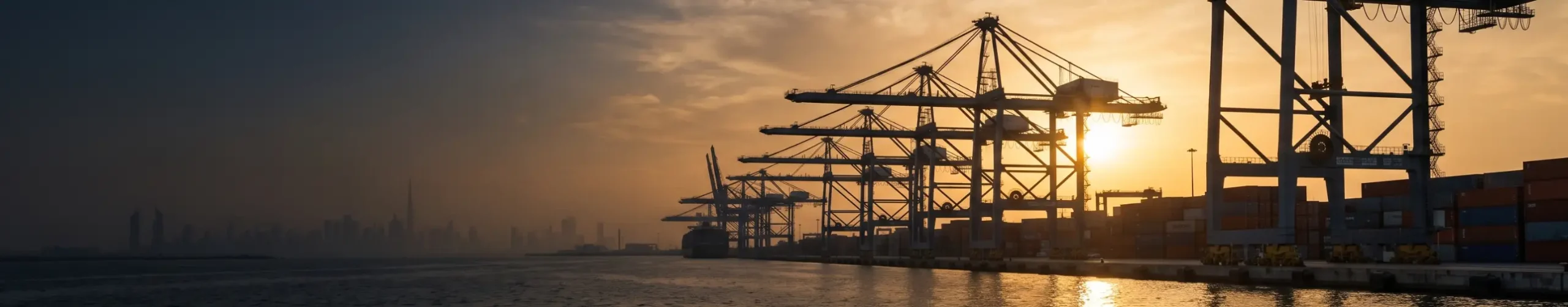 Container cranes at a Dubai port at sunset