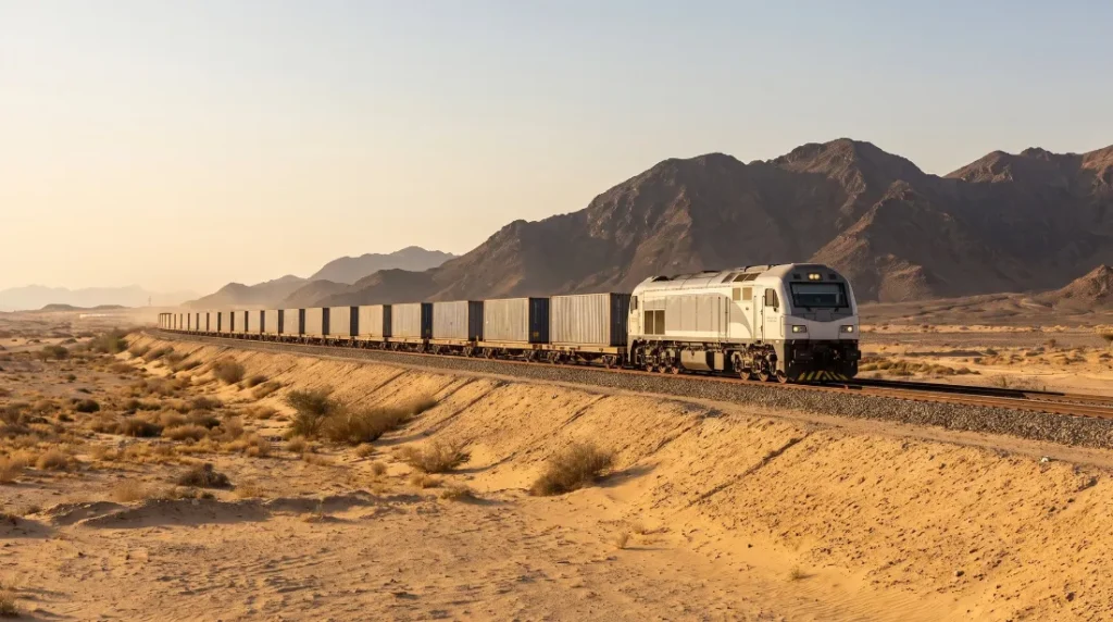 Freight train crossing the UAE desert