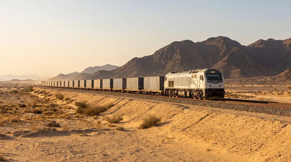 Freight train crossing the UAE desert